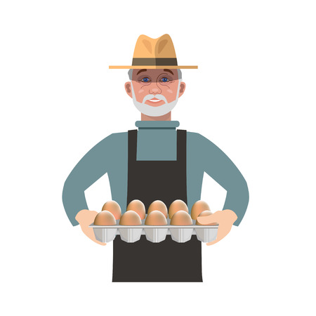 Farmer holding a tray of eggs. Vector illustration isolated on white backgroundのイラスト素材
