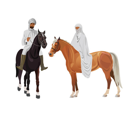 Arab man and woman in traditional dress on horseback . Vector illustration isolated on white backgroundのイラスト素材