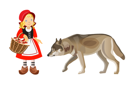 Little Red Riding Hood and Gray Wolf. Vector illustration isolated on white background