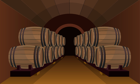 Wooden barrels stacked in the wine cellar. Vector illustrationのイラスト素材