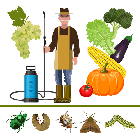 Farmer with sprayer and garden pests - butterfly, caterpillar, beetle, larva. Vector illustration isolated on white backgroundのイラスト素材