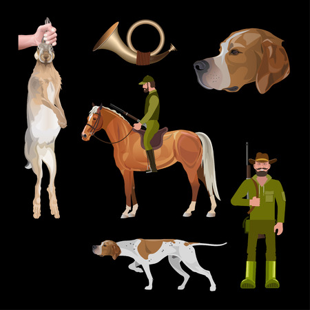 Hunting set with dog, horse, rider, hunter, horn, hare. Vector illustration isolated on black backgroundのイラスト素材