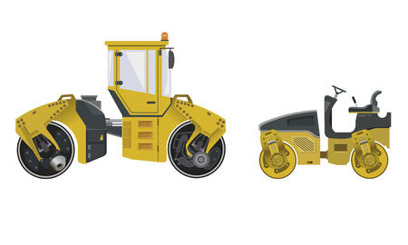 Big and small road rollers. Heavy construction machines. Vector illustration isolated on white backgroundのイラスト素材