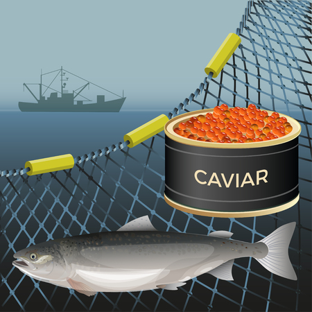 Salmon fish and tin can with red caviar on the background of the marine nets and fishing ship. Vector illustrationのイラスト素材