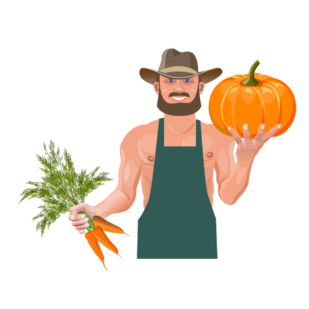 Farmer with vegetables. Vector illustration isolated on white backgroundのイラスト素材