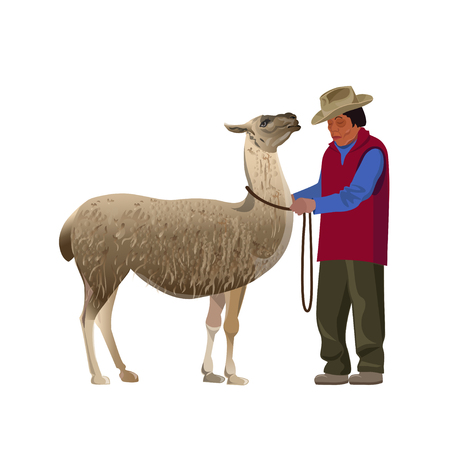 South American farmer with llama. Vector illustration isolated on the white backgroundのイラスト素材