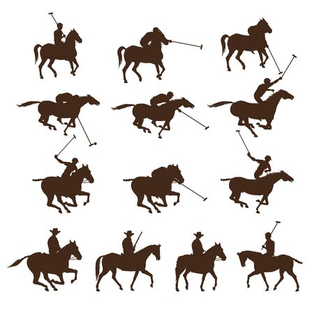 Set of horse polo players. Images of riders silhouettes. Vector illustration isolated on white backgroundのイラスト素材