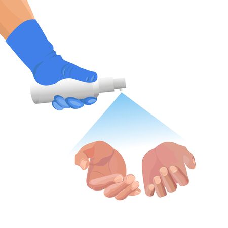 Antibacterial spray application to the hands to prevent the spread of viruses. Vector illustration isolated on white backgroundのイラスト素材