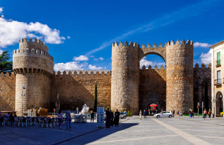 Avila, Spain - October 05, 2016: Torre del Homenaje and Puerta del Alcazar.