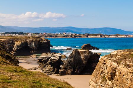 Wonderful stone figures. Eroded beach coastline. Cathedrals beach at Atlantic Ocean, Cantabric coast Lugo, Galicia, Spain - Playa de las Catedralesの写真素材