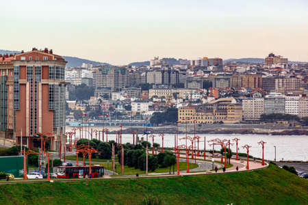 Coruna, Spain - October 05, 2016: Cityscape on Agra do Orzan district and tramway line.のeditorial素材