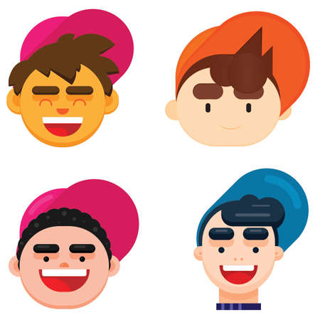 Set of four boys face. Flat Design Isolated vector illustration.のイラスト素材