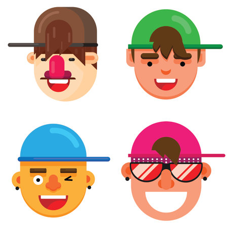 Set of four flat design fashionable boys face. Isolated vector illustration of Boys wearing Caps.のイラスト素材