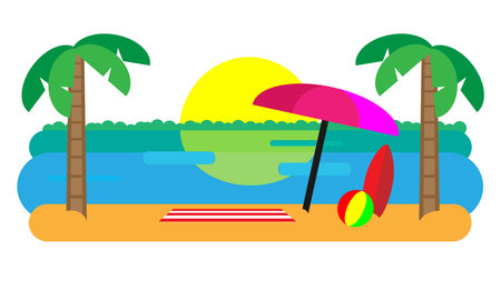 Beach Landscape with Beach Umbrella, Mat, Surfboard and a Ball. Sunset beach landscape. Flat Design Vector illustration.のイラスト素材