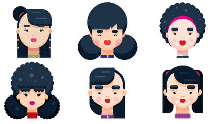Set of woman faces with various hairstyle. Collection of young girls portraits. Different avatars of black haired girl. Flat Design Vector illustration.のイラスト素材