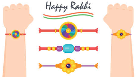 Top view of man's hand wearing rakhi on raksha bandhan day. Different designs of rakhi. Flat design vector illustration.のイラスト素材