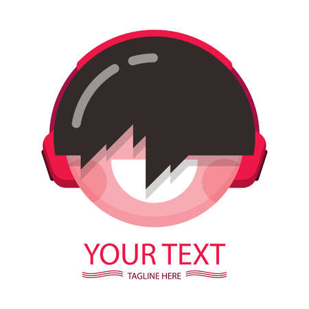 Cute Boy With Headphone Logo Template. Streaming music. Boy enjoys the music. Relaxing boy in headphones. Logo for music studio. Human head with headphones. Vector illustration.のイラスト素材