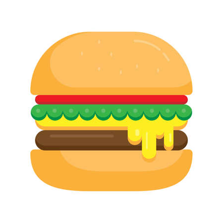 Isolated tasty big hamburger on white background. Flat design cartoon burger with cheese and sesame seeds isolated on white background. Vector illustration.のイラスト素材