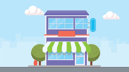 Shop building facade with big window and awning. Vector shop or market, illustration background. Store building on town street, flat cartoon shop facade front view.のイラスト素材