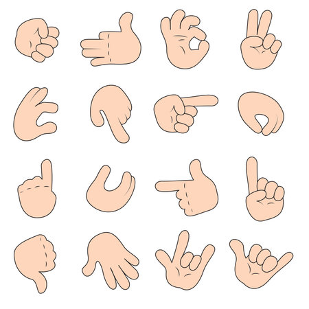 Cartoon hands set in different gestures. Hands show signs. Different hand positions, Isolated on white background. Vector illustration icon set.のイラスト素材