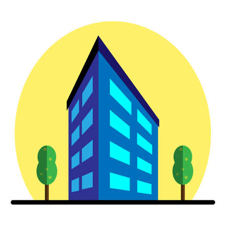 City multi storey building exterior view with windows and outside trees in flat style. Modern high-rise apartment or office building. Vector illustration.のイラスト素材