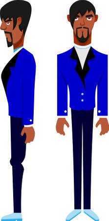 Young attractive male character elegantly dressed in blue suit vector illustration. A full length illustration of a young male character wearing a formal suit, men fashion.のイラスト素材
