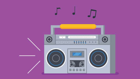 Old fashioned music player, ghetto blaster boombox radio. Flat style cassette player and tape recorder vector illustration.のイラスト素材
