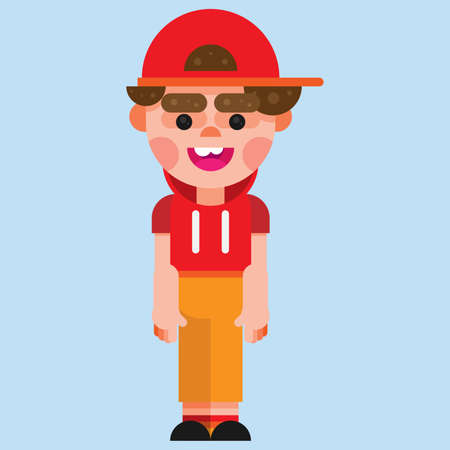 Happy cute little kid boy standing and wearing hoodie and cap. Flat style boy is standing in clothes and shoes. vector illustrationのイラスト素材