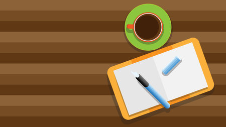 Top view of wooden table with open blank notebook, pen and coffee cup. vector illustrationのイラスト素材