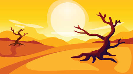 Desert view with dry tree and sunny sky. Sunrise or Sunset. stylized vector illustration of a desert landscape with dead trees.のイラスト素材