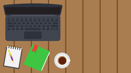 Office desk table with laptop, notebook, pen and coffee cup. Workspace top view with copy space. vector illustrationのイラスト素材