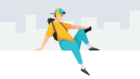 A young boy wearing stylish clothes with backpack sitting on a white wall while using a mobile phone to listening music. Teenage boy relaxing on a wall while listening music. vector illustrationのイラスト素材