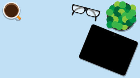 Table top view with tablet computer and coffee cup, green plant and glasses. Workspace or workplace top view. vector illustrationのイラスト素材