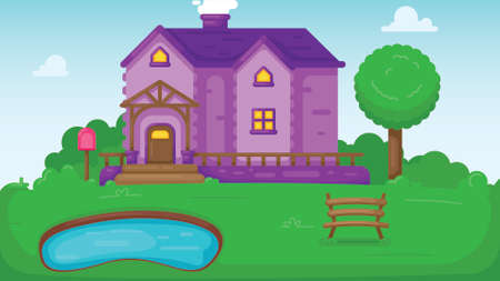 Single house with letterbox and chimney on roof. In front of house is small pond and bench. flat style countryside cottage. vector illustrationのイラスト素材
