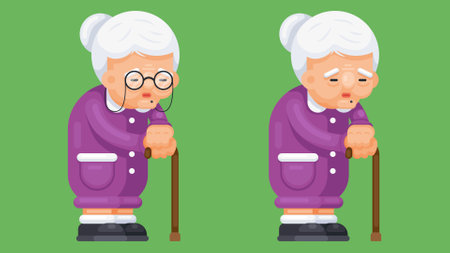 Old woman with a walking stick in a standing position, with eye glasses and without eye glasses. Flat style vector illustrationのイラスト素材
