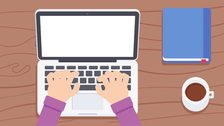 <p>Man hands working on laptop with coffee cup and diary on table. Top view vector illustration</p>のイラスト素材