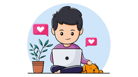 Cute boy using laptop with pet dog. concept of viewing social media and watching video. vector illustrationのイラスト素材