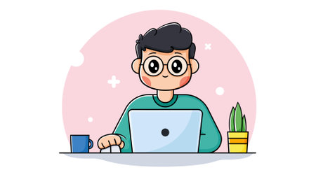 Smiling boy working on laptop with coffee cup and plant. Concept of online education or freelace work. vector illustrationのイラスト素材