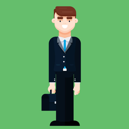 Standing business man in suit holding briefcase. Flat style vector illustrationのイラスト素材