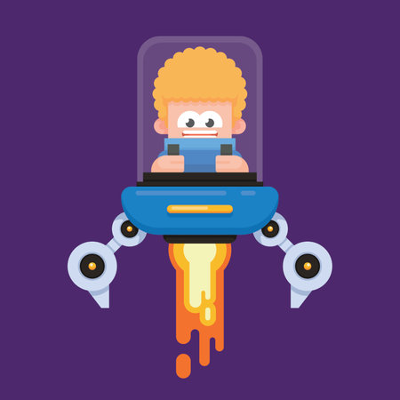 Cute boy driving a spaceship. Flat design vector illustrationのイラスト素材