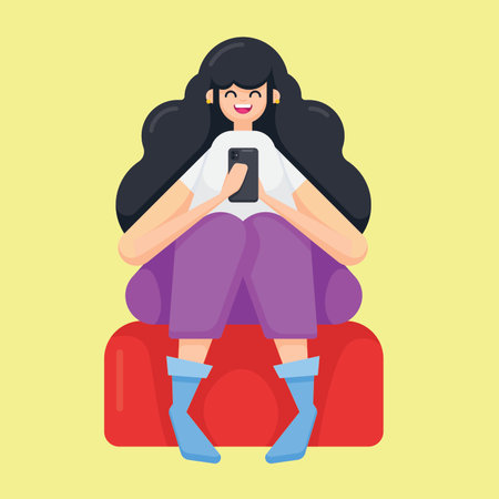 Young girl uses a smartphone sitting on couch. Text messaging or Enjoying social media. vector illustrationのイラスト素材