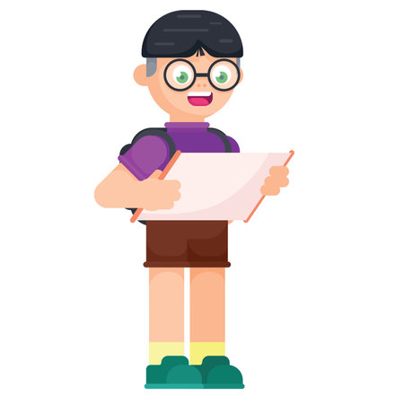 Boy with backpack looking at map. Little traveler boy. Flat design vector illustrationのイラスト素材