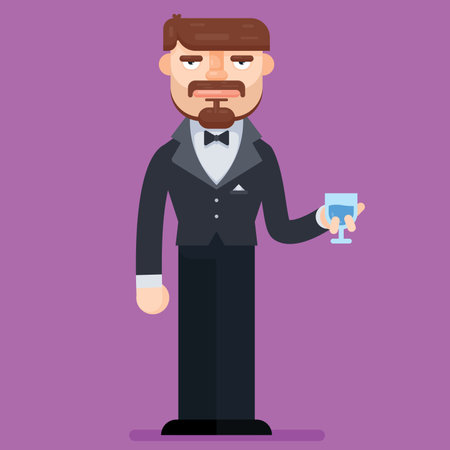 Standing man in black suit holding wine. Flat style vector illustrationのイラスト素材
