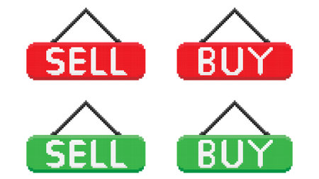 Buy and Sell hanging sign. store sign template in pixel art. vector illustrationのイラスト素材