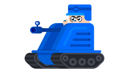 Cartoon soldier driving a tank. blue soldier in a tank ready for attack, flat style vector illustrationのイラスト素材