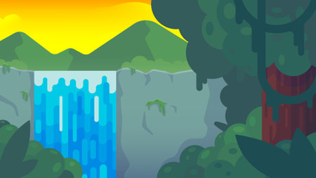 Waterfall in tropical jungle. forest scene with green leaves, exotic plants, mountains and beautiful cascade. vector illustrationのイラスト素材