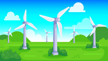 Wind turbines on green field with blue sky. Sustainable renewable green energy concept. flat style vector illustrationのイラスト素材