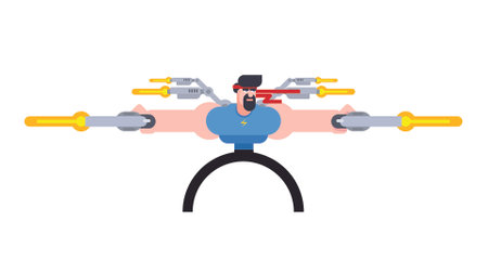 A man shooting with pistols. cartoon hero character fighting with guns isolated on white background. vector illustrationのイラスト素材