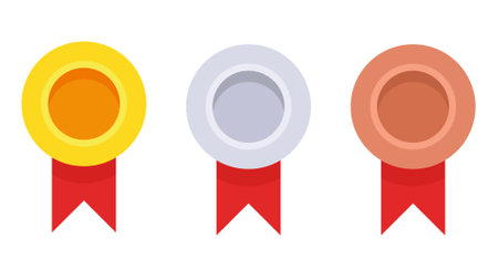 Gold, silver and bronze medals. champion and winner awards medal set with red ribbon. vector illustrationのイラスト素材