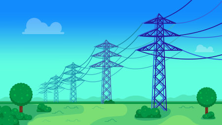 Transmission power lines with beautiful landscape. electric towers in a field, energy distribution concept. vector illustrationのイラスト素材
